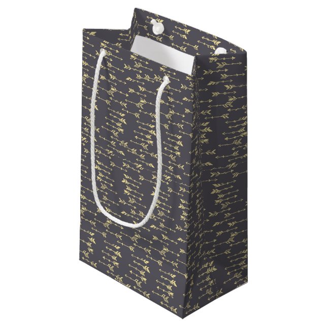 blue and yellow minimalist boho arrow pattern small gift bag (Front Angled)