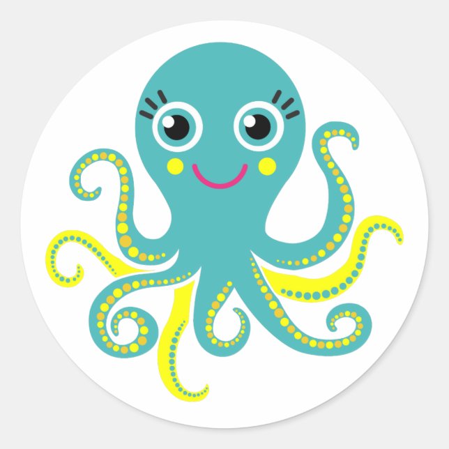 Blue and Yellow Octopus Classic Round Sticker (Front)
