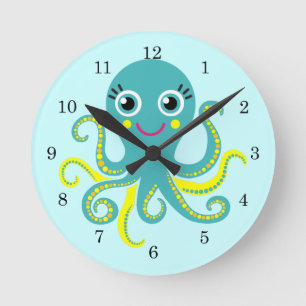 Blue and Yellow Octopus Round Clock