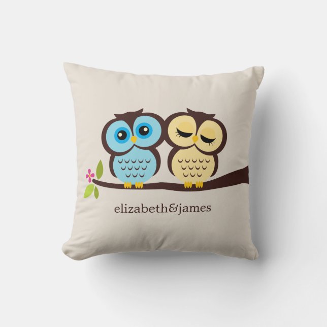 Blue and Yellow Owls Wedding Cushion (Front)