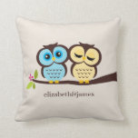 Blue and Yellow Owls Wedding Cushion<br><div class="desc">This decorative pillow features a beautiful vector illustration of two owls perched on branch and is perfect for any spring,  summer,  fall or winter wedding. Personalise with your names,  monogram,  or initials and your wedding anniversary date.</div>