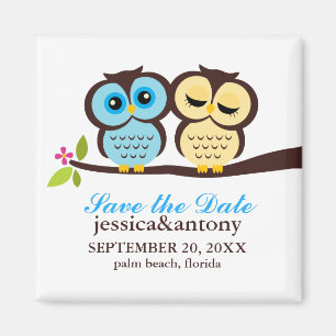 Blue and Yellow Owls Wedding Magnet