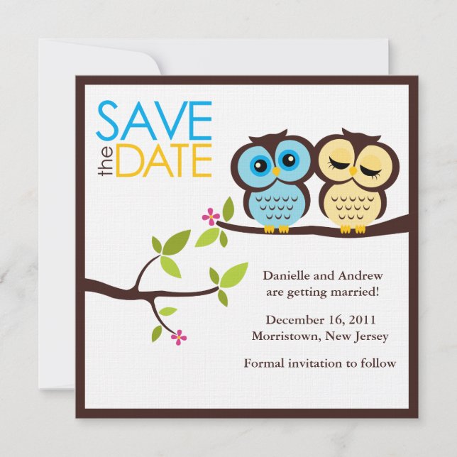 Blue and Yellow Owls Wedding Save The Date (Front)