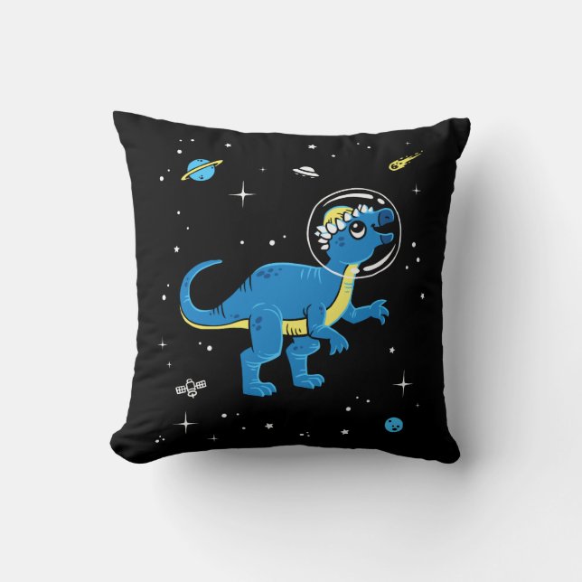 Blue And Yellow Pachycephalosaurus Dinos In Space Cushion (Front)