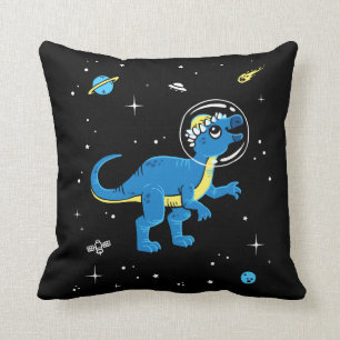 Blue And Yellow Pachycephalosaurus Dinos In Space Cushion