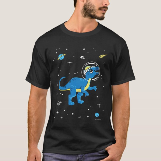 Blue And Yellow Pachycephalosaurus Dinos In Space T-Shirt (Front)