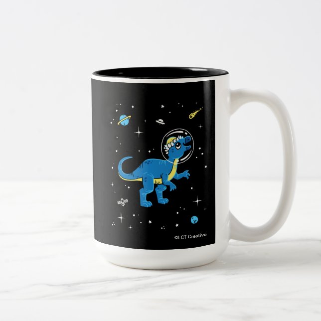 Blue And Yellow Pachycephalosaurus Dinos In Space Two-Tone Coffee Mug (Right)