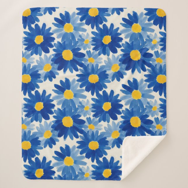Blue and yellow painterly flowers sherpa blanket (Front)