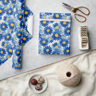 Blue and yellow painterly flowers wrapping paper