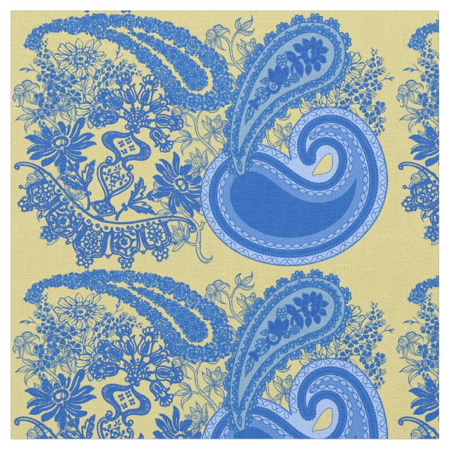 Blue and Yellow Paisley Pattern Fabric (Close Up)