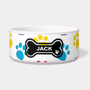 Blue and Yellow Paw Print Personalised dog bowl