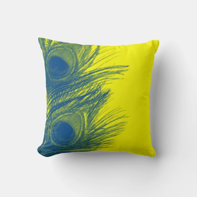 Blue and Yellow Peacock Feather Pillow (Front)