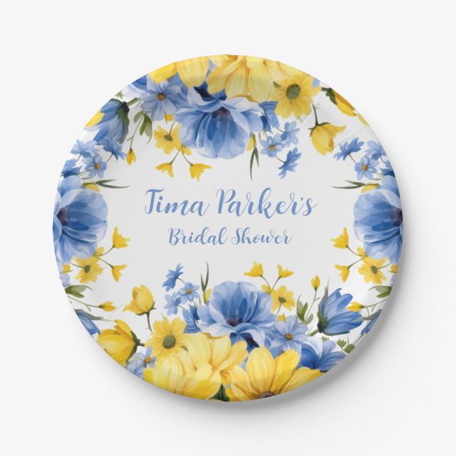 Blue and Yellow Peony Floral Bridal Shower Paper Plate (Front)