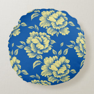 Blue and Yellow Peony Toile de Jouy Throw Pillow