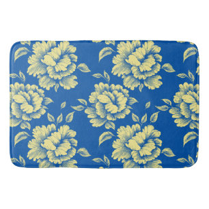 Blue and Yellow Peony Toile - French Country Decor Bath Mat