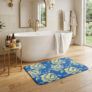 Blue and Yellow Peony Toile - French Country Decor Bath Mat