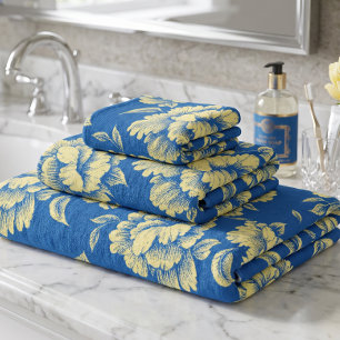 Blue and Yellow Peony Toile - French Country Decor Bath Towel Set
