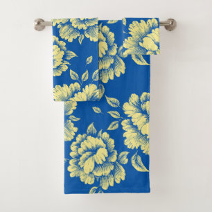 Blue and Yellow Peony Toile - French Country Decor Bath Towel Set