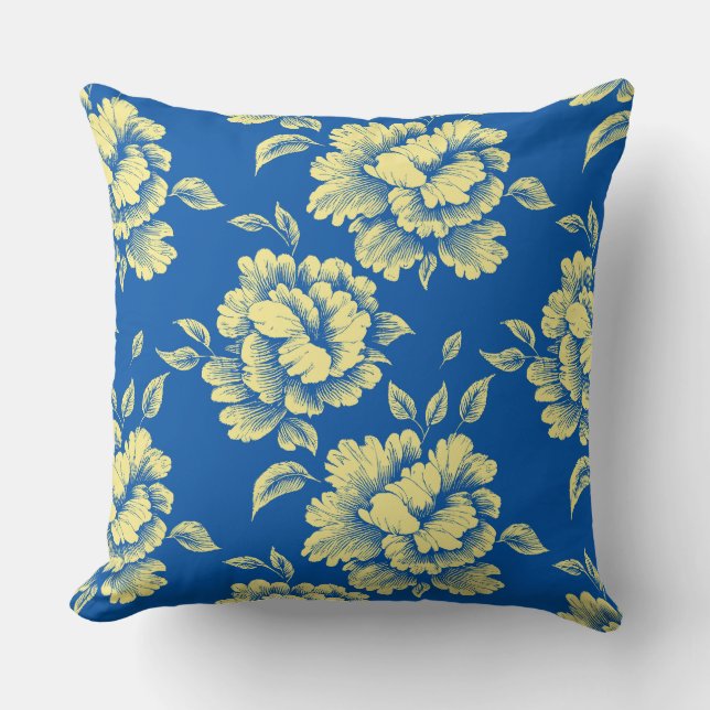 Blue and Yellow Peony Toile - French Country Decor Cushion (Front)