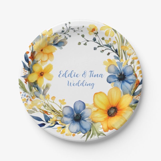 Blue and Yellow Peony Wreath Floral Wedding Paper Plate (Front)