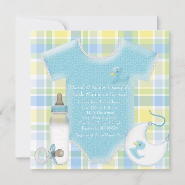 Blue and Yellow Plaid Baby Boy Shower Invitation (Front)