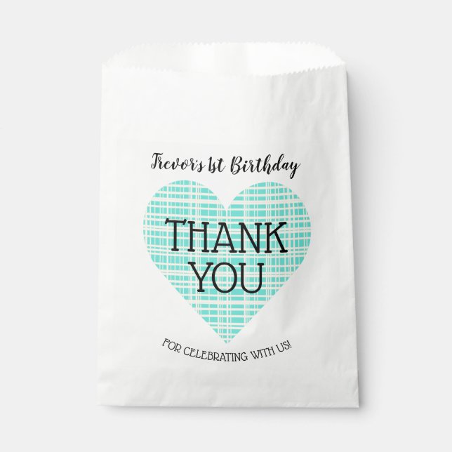 Blue and Yellow Plaid Heart Kid's Birthday Favour Bag (Front)