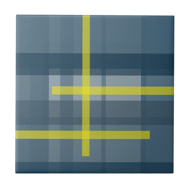 Blue and yellow plaid pattern ceramic tile (Front)