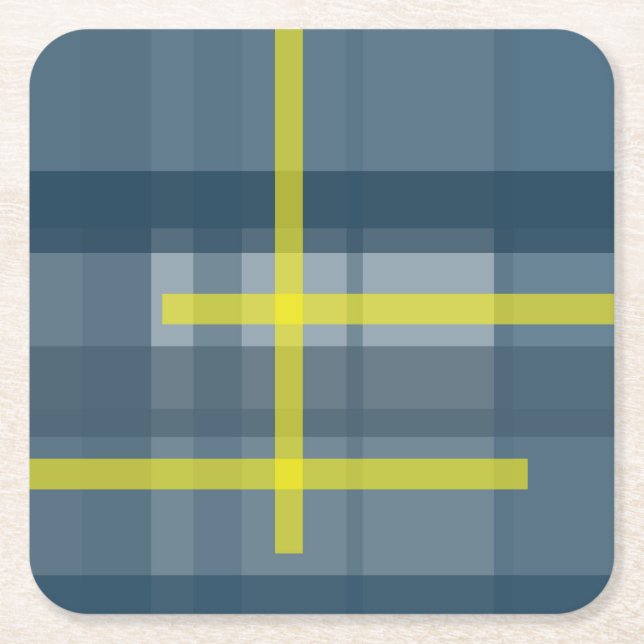 Blue and yellow plaid pattern square paper coaster (Front)
