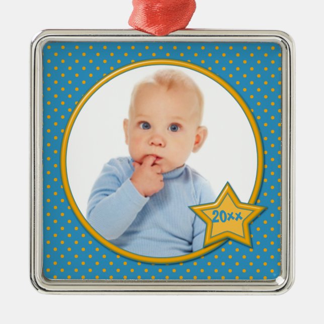 Blue and Yellow Polka Dot Photo Premium Ornament (Front)