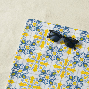 Blue and yellow pretty Portuguese tiles pattern Beach Towel