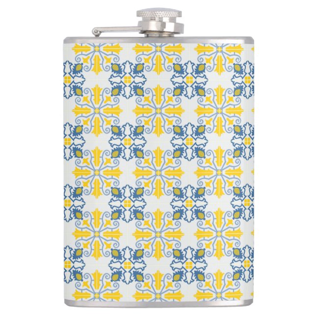 Blue and yellow pretty Portuguese tiles pattern Hip Flask (Front)