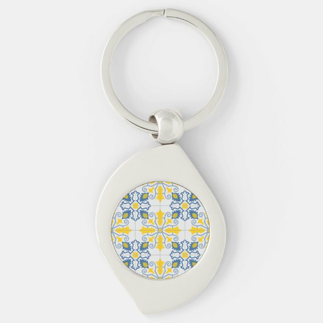 Blue and yellow pretty Portuguese tiles pattern Key Ring (Front)