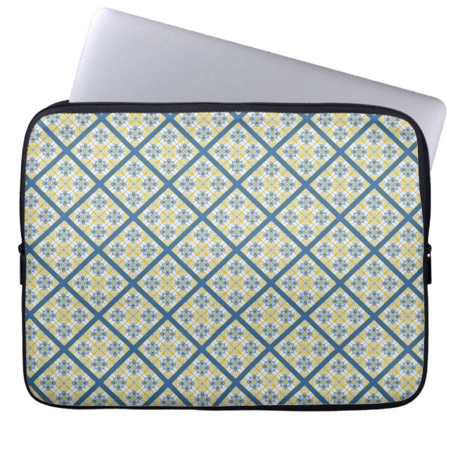 Blue and yellow pretty Portuguese tiles pattern Laptop Sleeve (Front)