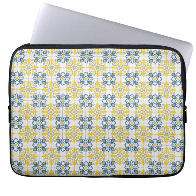 Blue and yellow pretty Portuguese tiles pattern Laptop Sleeve (Front)