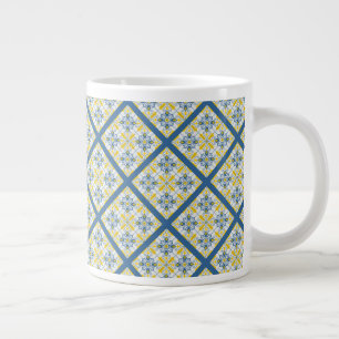 Blue and yellow pretty Portuguese tiles pattern Large Coffee Mug