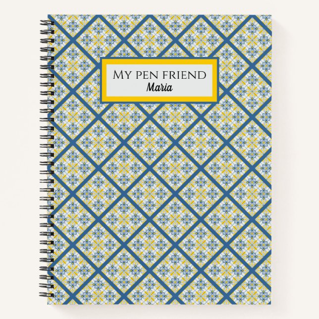 Blue and yellow pretty Portuguese tiles pattern Notebook (Front)