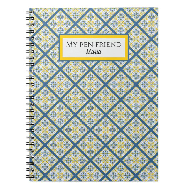 Blue and yellow pretty Portuguese tiles pattern Notebook (Front)