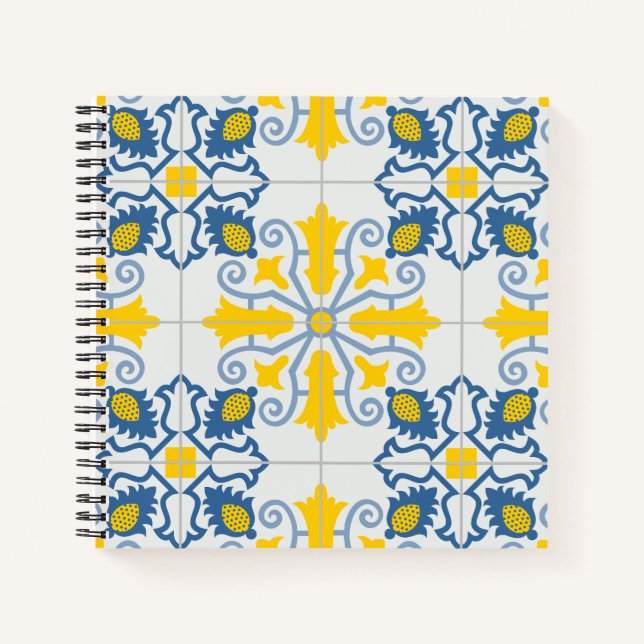 Blue and yellow pretty Portuguese tiles pattern Notebook (Front)