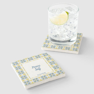 Blue and yellow pretty Portuguese tiles pattern Stone Coaster
