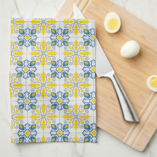 Blue and yellow pretty Portuguese tiles pattern Tea Towel