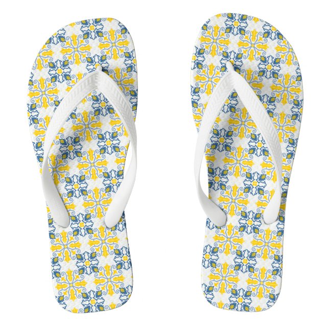 Blue and yellow pretty Portuguese tiles pattern Thongs (Footbed)