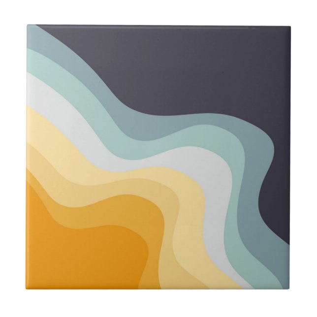 Blue and yellow retro style waves ceramic tile (Front)