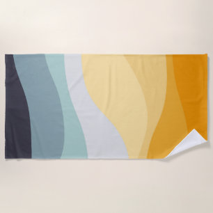 Blue and yellow retro style wavy ocean beach towel