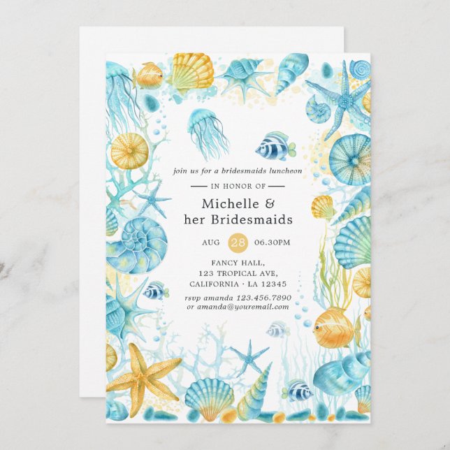 Blue and Yellow Sea Life Bridesmaids Luncheon Invitation (Front/Back)