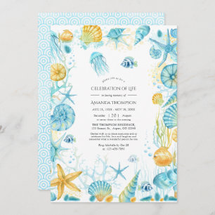 Blue and Yellow Sea Life Celebration of Life Photo Invitation