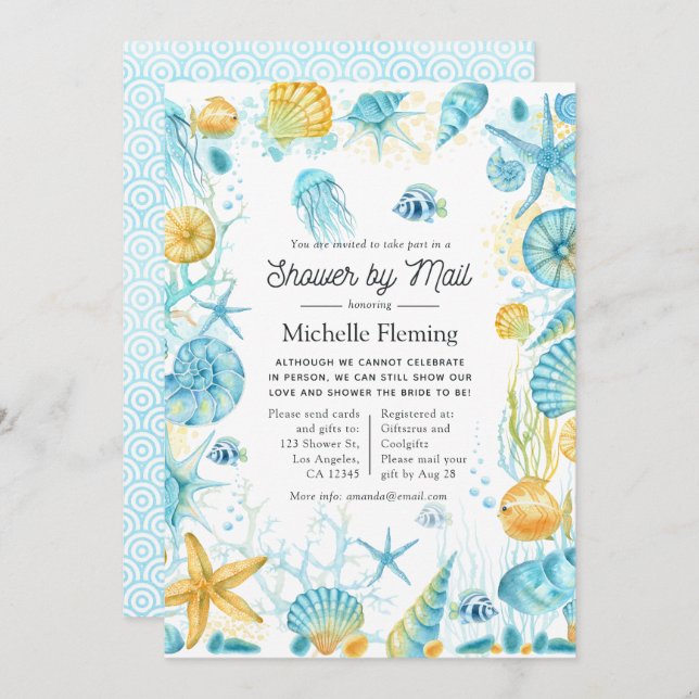 Blue and Yellow Sea Life Shower by Mail Invitation (Front/Back)
