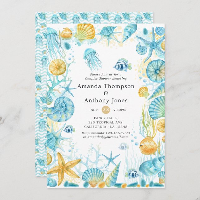 Blue and Yellow Sea Life Wedding Couples Shower Invitation (Front/Back)