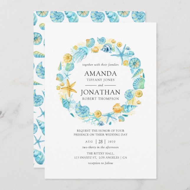 Blue and Yellow Sea Life Wedding Invitation (Front/Back)