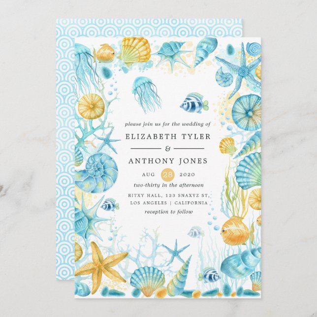 Blue and Yellow Sea Life Wedding Invitation (Front/Back)