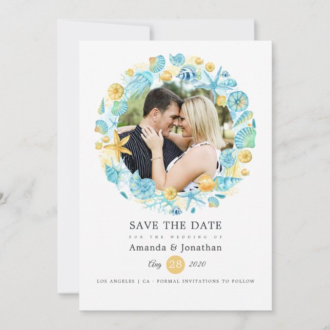 Blue and Yellow Sea Life Wedding Photo Save The Date (Front)